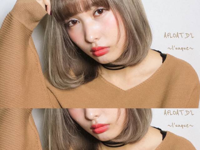 ボブヘアスタイル  AFLOAT D'L うざバング センターパート 編みこみ シースルーバング 無造作 外国人風 ゴールドピン 黒髪 ラフ 耳かけ 外ハネ アンニュイ ウェット かきあげバング 透明感 ウェーブ アッシュ 大人かわいい
