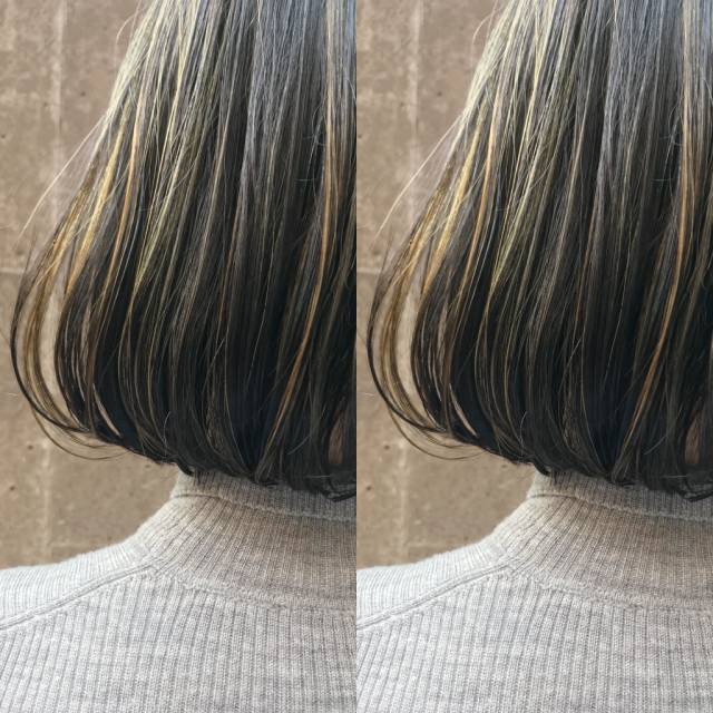 ボブヘアスタイル  CORNER 黒髪 アッシュ ショートボブ 赤味除去 ハイライト