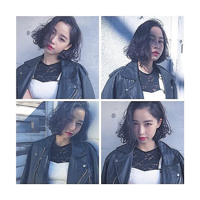 ボブヘアスタイル  MEIMU ダークトーン 黒髪 ニュアンスボブ かきあげバング 水原希子 無造作 ラフ カジュアル ウェット 赤リップ ライダース レザージャケット 原宿