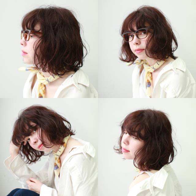 ボブヘアスタイル  FELICITA ひばりヶ丘 FELICITA フェリチタ ボブ アンニュイ アンニュイボブ ニュアンス ニュアンスボブ オレンジ オレンジカラー スカーフ 白シャツ メガネ メガネ女子 メガネヘア メガネヘアカタログ
