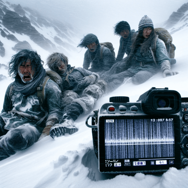 極寒の雪山で遭難しかけている4人の男女と砂嵐が走っているカメラ