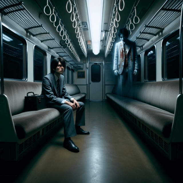 電車内の座席に座るスーツ姿の男性と宙に浮かぶ血まみれの幽霊